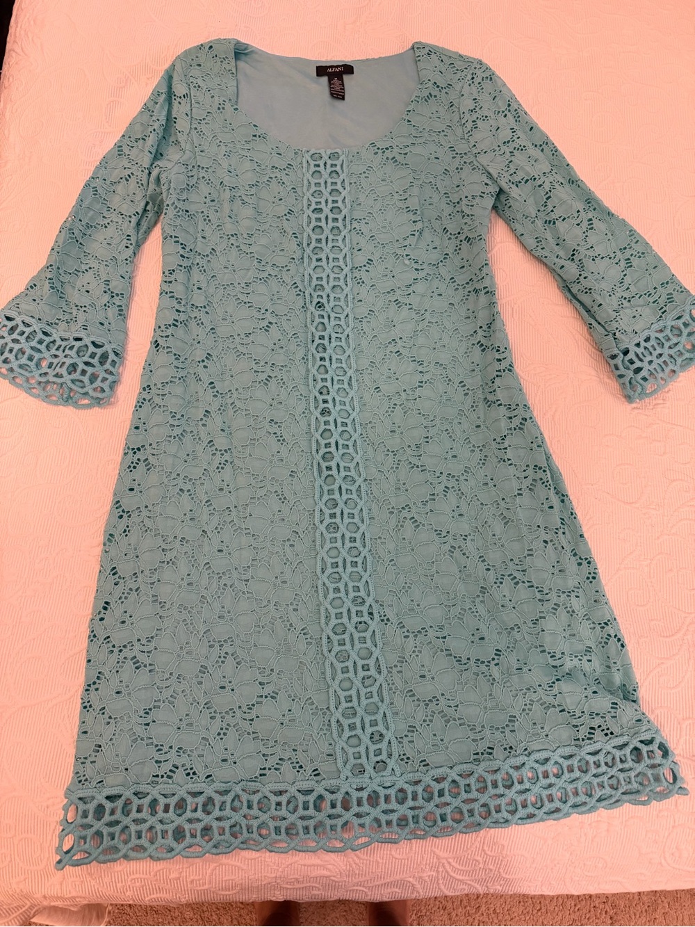 Alfani Mint Green Lace Shift Dress Size M ¾ Sleeve Geometric Eyelet Trim Knit